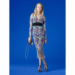 NWOT DIANE VON FURSTENBERG DVF Guipure Lace Sheath Midi Dress Sz 0 Rainbow 2E454